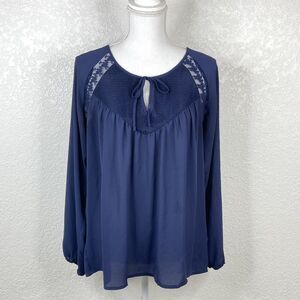 Lauren Conrad Navy Blue Sheer Chiffon Long Sleeve Keyhole Peasant Blouse Size M